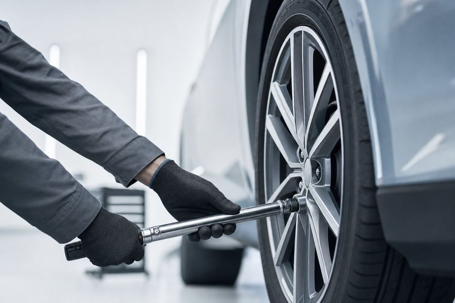 Mechanic working on a wheel
